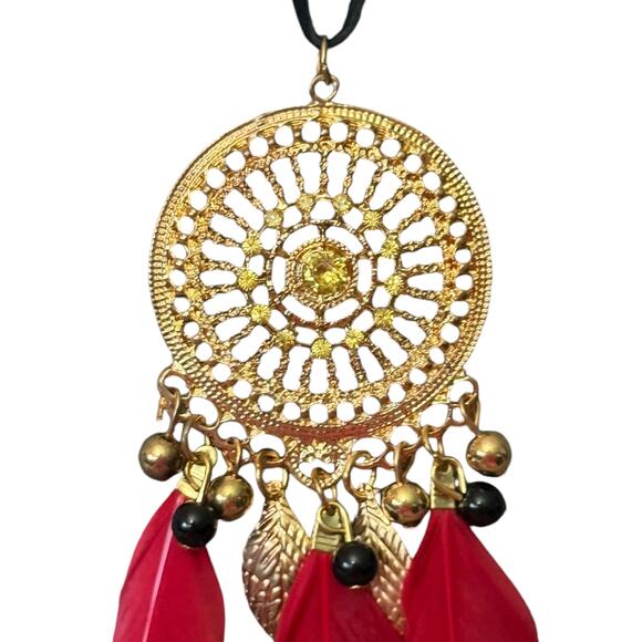 Red Feather Boho Gold Dream Catcher Necklace - Picture 2 of 3